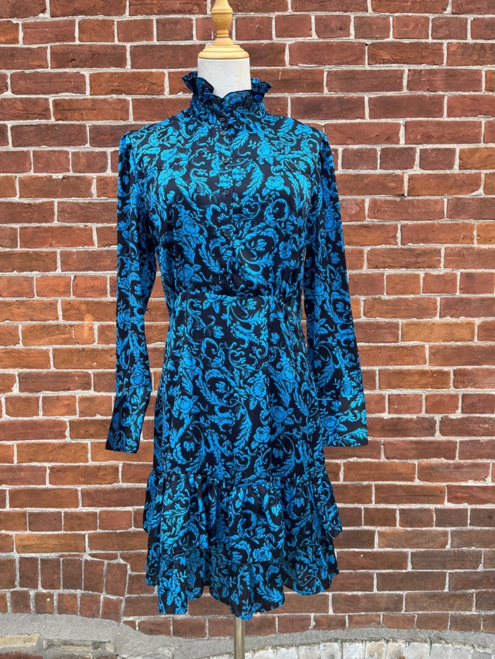 Sandro Black Ruffle Dress with Bright Blue Floral Print